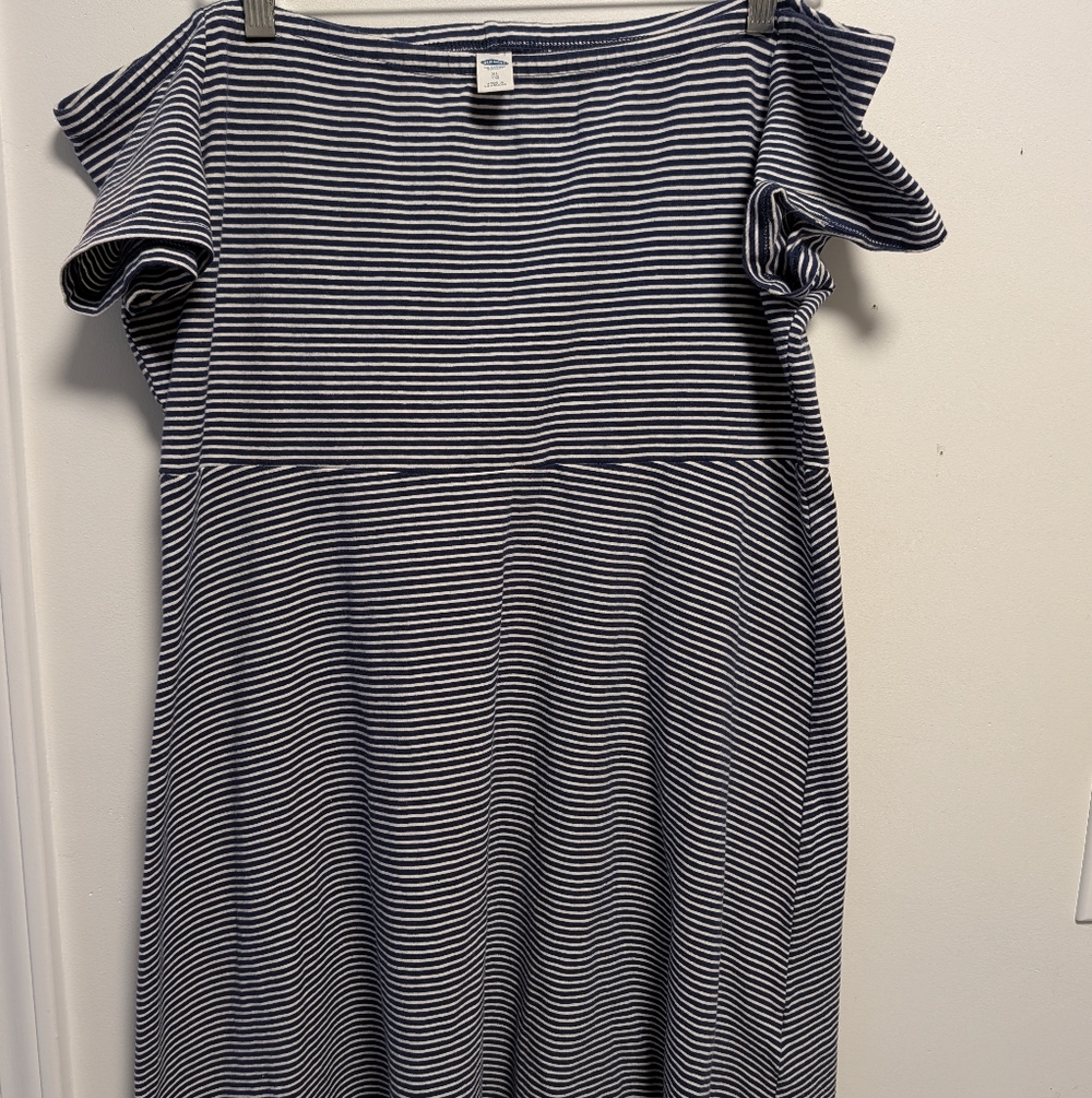XL Old Navy White & Navy Pin Striped Short Sleeve, Off The Shoulder Mini Dress